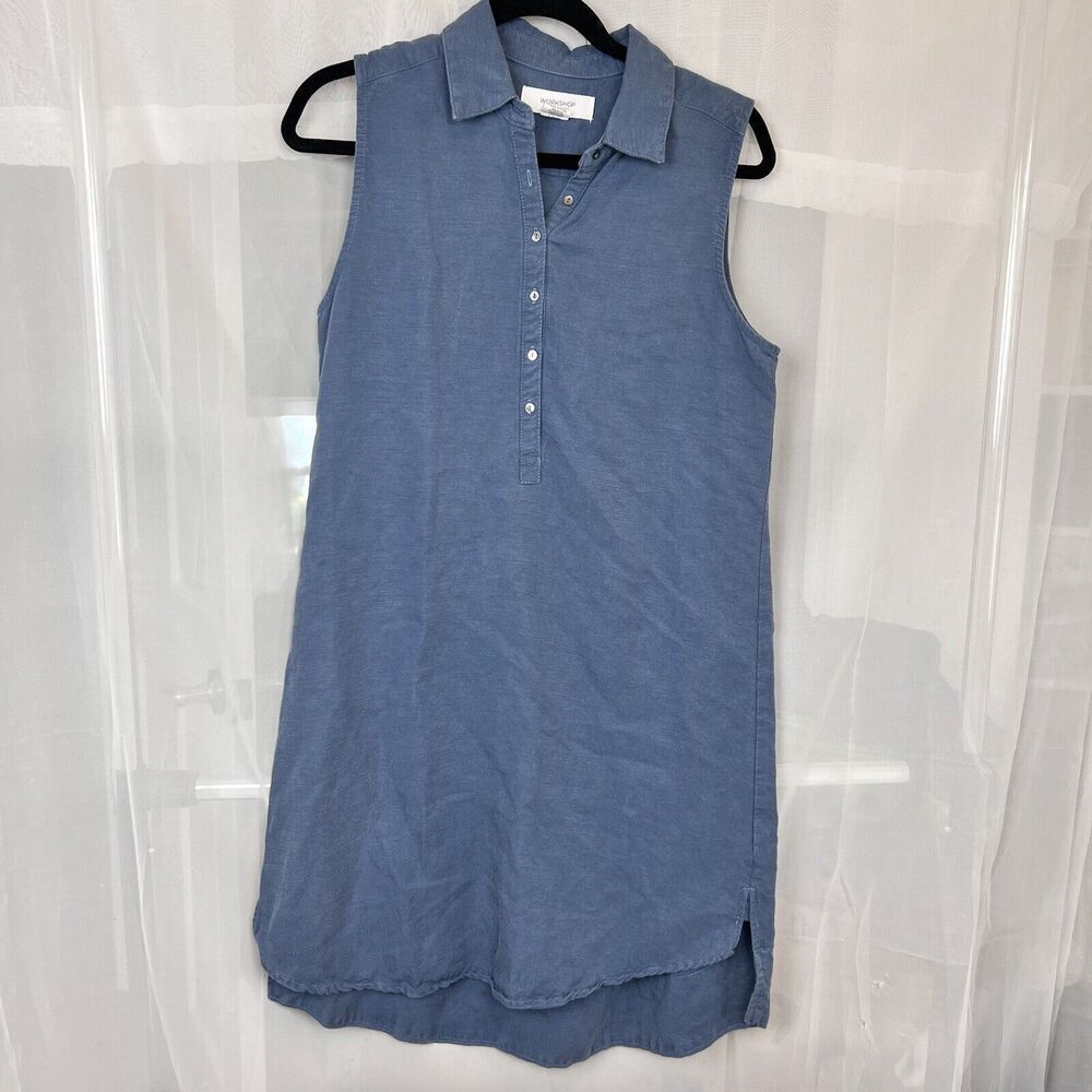 Workshop Republic linen sleeveless shirt dress sz Md chambray western tencel